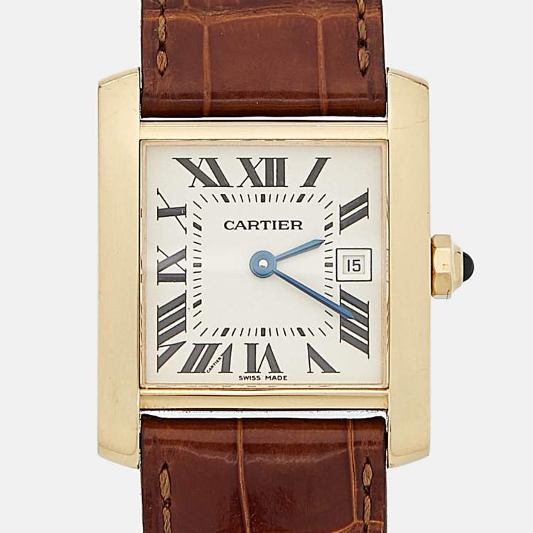 Pre Owned Cartier Cream 18K Yellow Gold Alligator Leather Tank Francaise W5001456 Women's Wristwtatch 25 mm