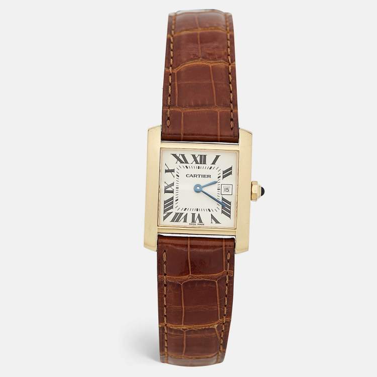 Pre Owned Cartier Cream 18K Yellow Gold Alligator Leather Tank Francaise W5001456 Women's Wristwtatch 25 mm