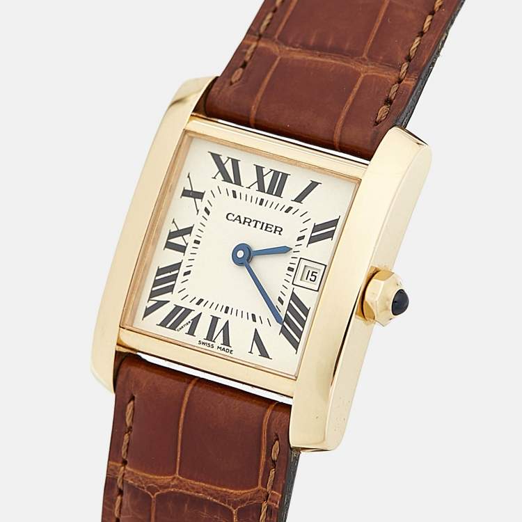 Pre Owned Cartier Cream 18K Yellow Gold Alligator Leather Tank Francaise W5001456 Women's Wristwtatch 25 mm