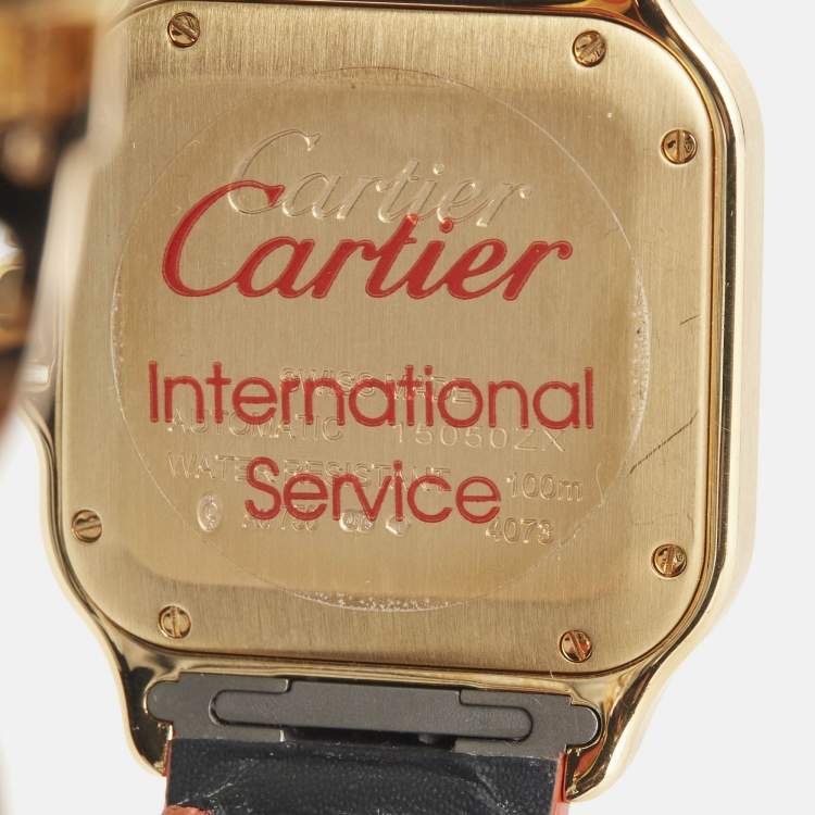 Pre Owned Cartier Silver 18k Yellow Gold Alligator Santos WJSA0008 Women's Wristwatch 35 mm