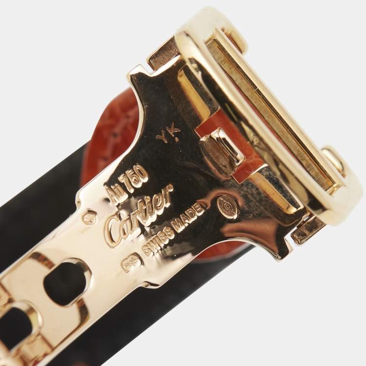 Pre Owned Cartier Silver 18k Yellow Gold Alligator Santos WJSA0008 Women's Wristwatch 35 mm