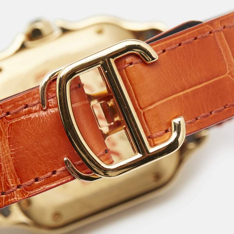 Pre Owned Cartier Silver 18k Yellow Gold Alligator Santos WJSA0008 Women's Wristwatch 35 mm
