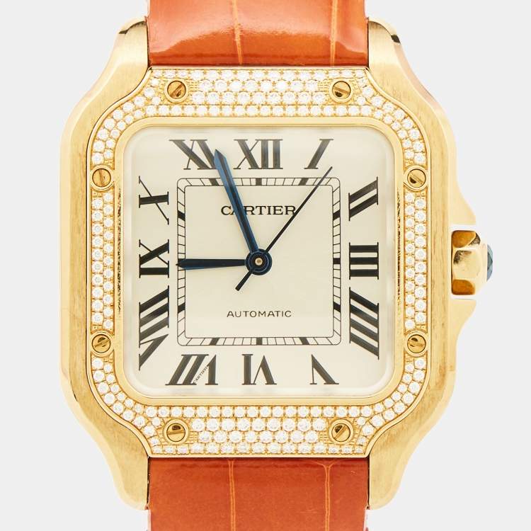 Pre Owned Cartier Silver 18k Yellow Gold Alligator Santos WJSA0008 Women's Wristwatch 35 mm