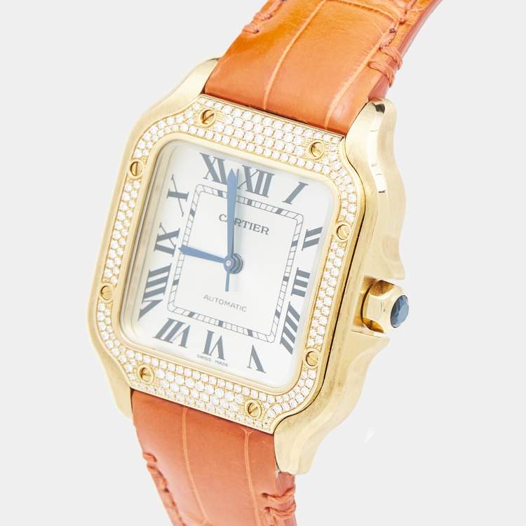 Pre Owned Cartier Silver 18k Yellow Gold Alligator Santos WJSA0008 Women's Wristwatch 35 mm