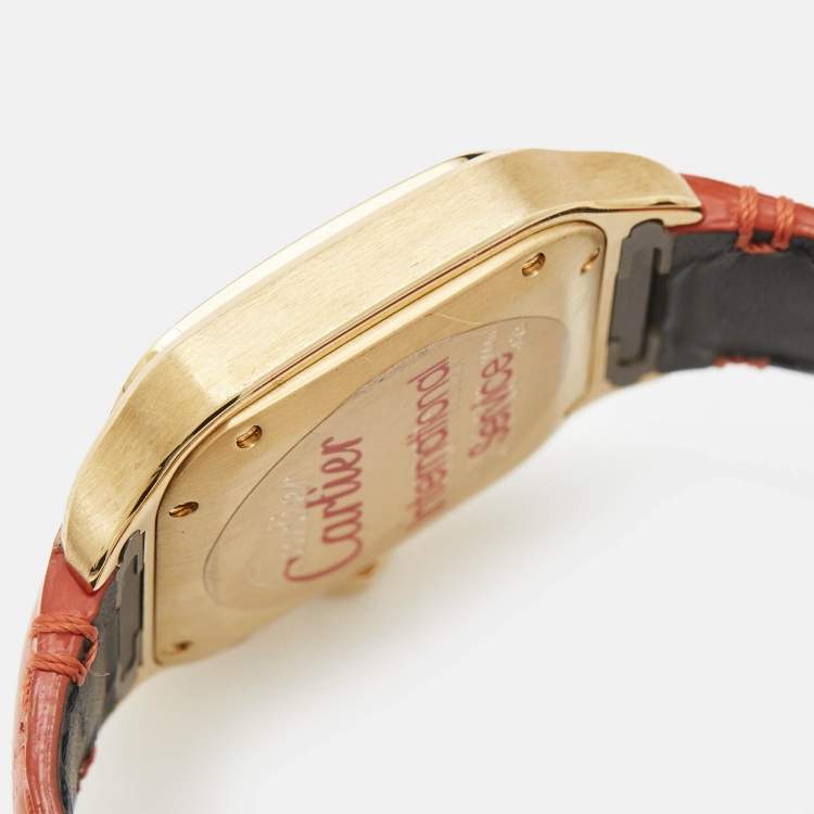 Pre Owned Cartier Silver 18k Yellow Gold Alligator Santos WJSA0008 Women's Wristwatch 35 mm
