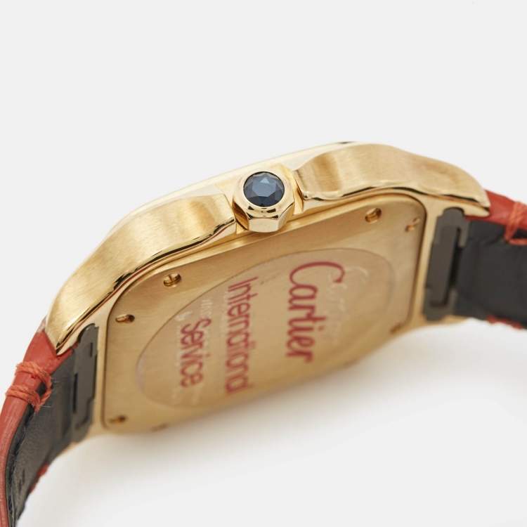 Pre Owned Cartier Silver 18k Yellow Gold Alligator Santos WJSA0008 Women's Wristwatch 35 mm