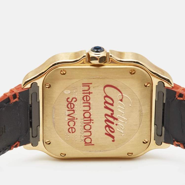 Pre Owned Cartier Silver 18k Yellow Gold Alligator Santos WJSA0008 Women's Wristwatch 35 mm
