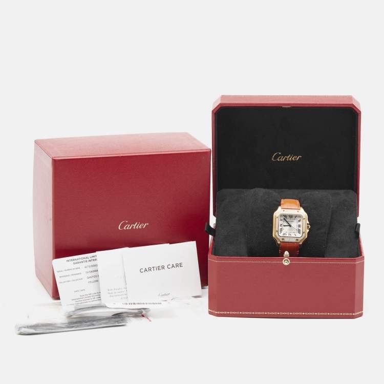 Pre Owned Cartier Silver 18k Yellow Gold Alligator Santos WJSA0008 Women's Wristwatch 35 mm