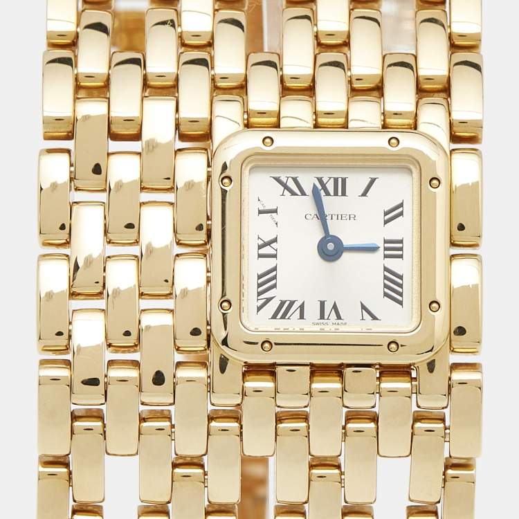 Pre Owned Cartier Silver 18k Yellow Gold Panthere de Cartier Cuff WGPN0018 Women's Wristwatch 31 mm
