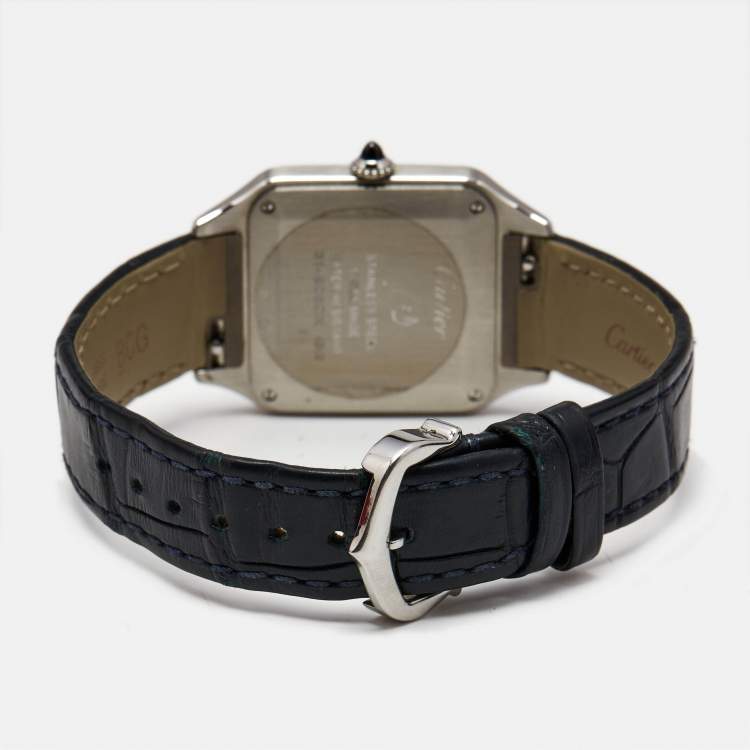 Pre Owned Cartier Silver Stainless Steel Alligator Santos-Dumont WSSA0086 Women's Wristwatch 27 mm