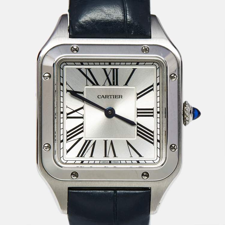 Pre Owned Cartier Silver Stainless Steel Alligator Santos-Dumont WSSA0086 Women's Wristwatch 27 mm