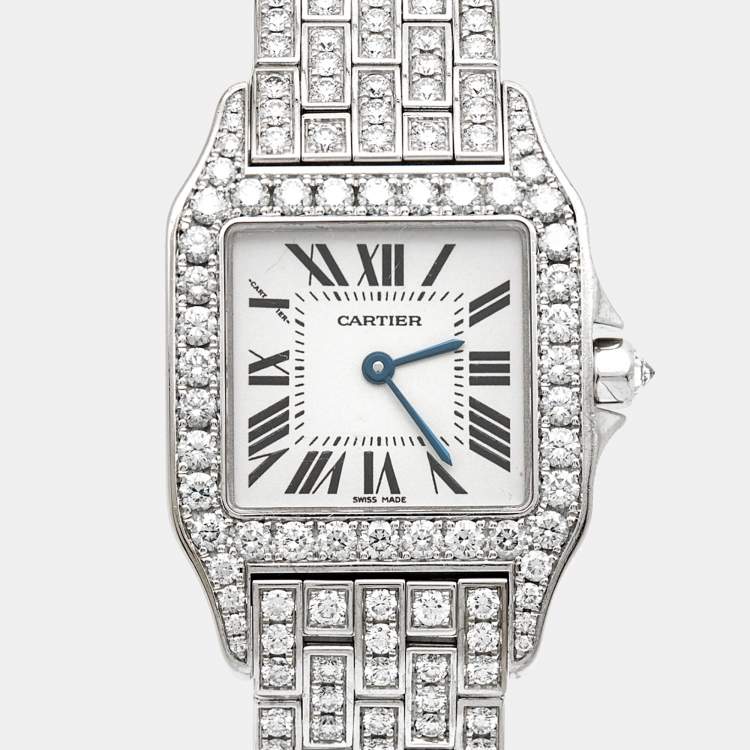 Pre Owned Cartier Silver 18k White Gold Diamond Santos Demoiselle WF9010YA Women's Wristwatch 26 mm