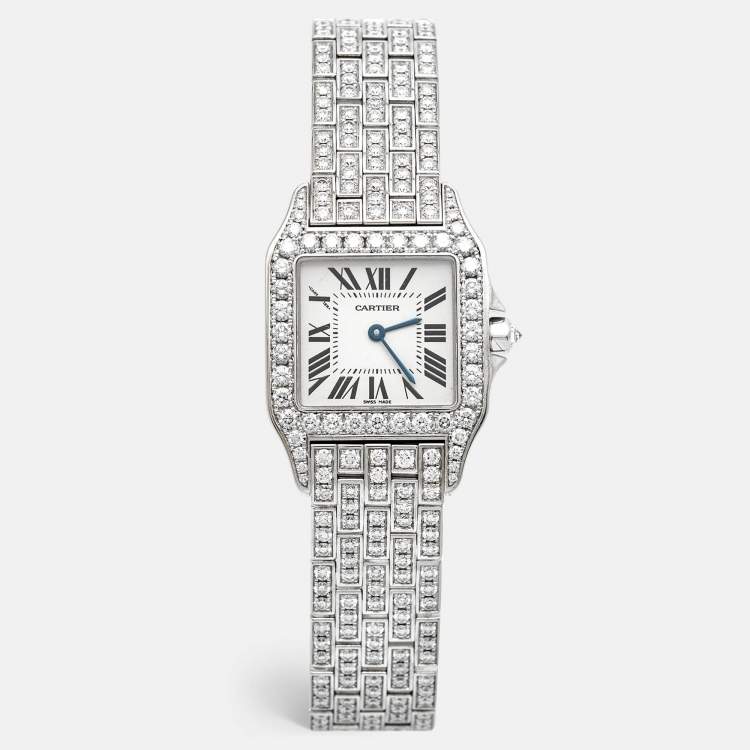 Pre Owned Cartier Silver 18k White Gold Diamond Santos Demoiselle WF9010YA Women's Wristwatch 26 mm