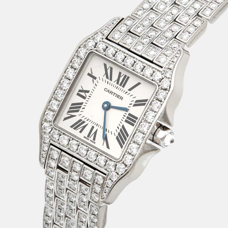 Pre Owned Cartier Silver 18k White Gold Diamond Santos Demoiselle WF9010YA Women's Wristwatch 26 mm