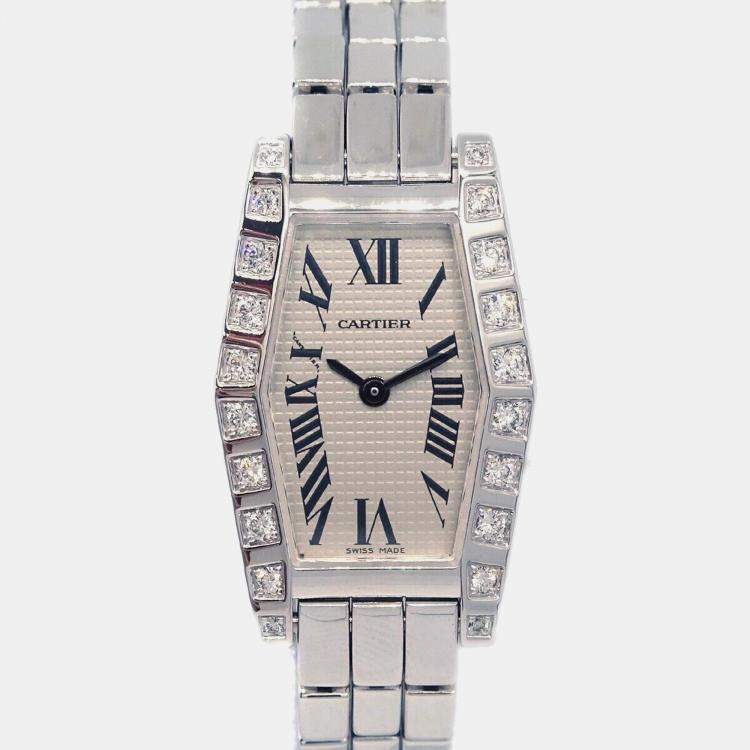 Pre Owned Cartier Silver 18k White Gold Diamond Laniere Tonneau WJ2005W3 Quartz Women's Wristwatch 18 mm