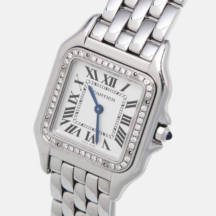 Pre Owned Cartier Silver Stainless Steel Diamond Panthere De Cartier W4PN0008 Women's Wristwatch 29 mm