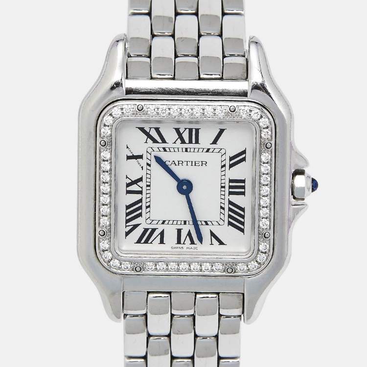 Pre Owned Cartier Silver Stainless Steel Diamond Panthere De Cartier W4PN0008 Women's Wristwatch 29 mm