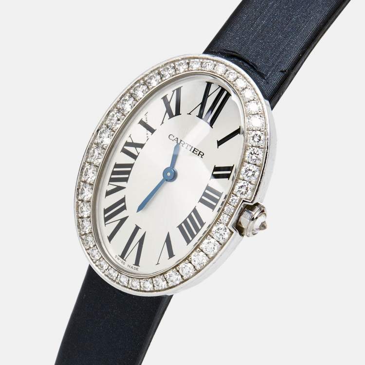 Pre Owned Cartier Silver 18K White Gold Diamond Satin Baignoire WB520027 Women's Wristwatch 25 mm