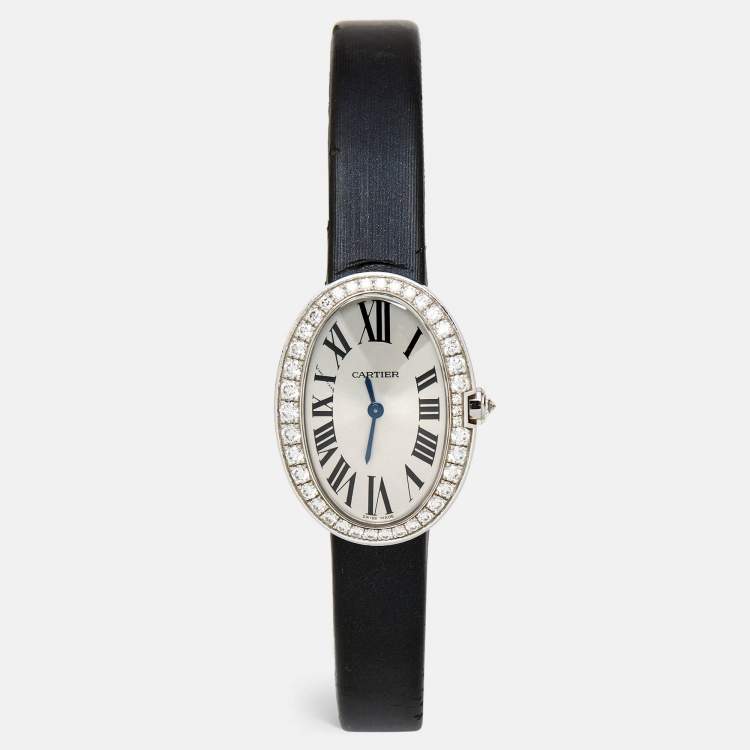 Pre Owned Cartier Silver 18K White Gold Diamond Satin Baignoire WB520027 Women's Wristwatch 25 mm