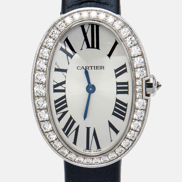 Pre Owned Cartier Silver 18K White Gold Diamond Satin Baignoire WB520027 Women's Wristwatch 25 mm