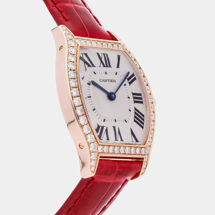 Pre Owned Cartier Tortue WA501008 Manual Winding Rose Gold Silver Dial Women's Wristwatch 31mm