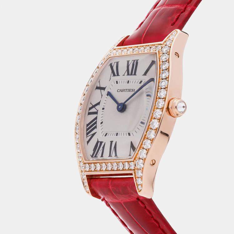 Pre Owned Cartier Tortue WA501008 Manual Winding Rose Gold Silver Dial Women's Wristwatch 31mm