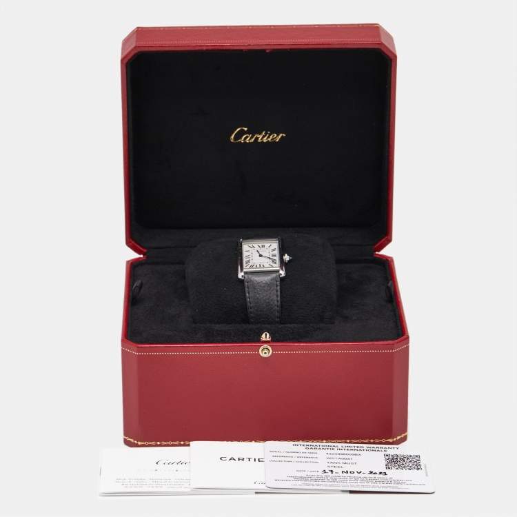 Pre Owned Cartier Silver Stainless Steel Calf Leather Tank Must WSTA0041 Women's Wristwatch 25.50 mm