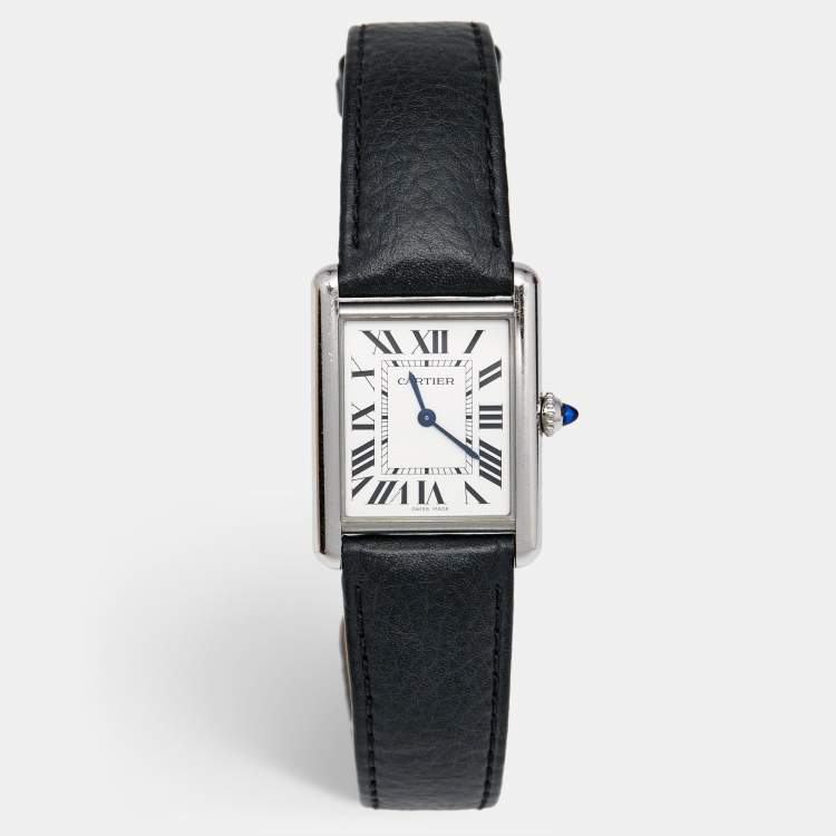Pre Owned Cartier Silver Stainless Steel Calf Leather Tank Must WSTA0041 Women's Wristwatch 25.50 mm
