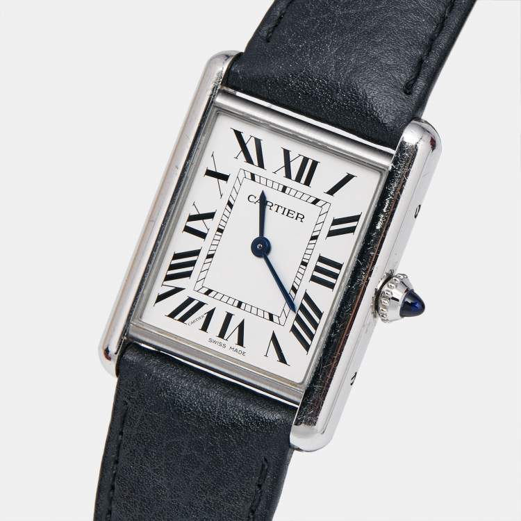 Pre Owned Cartier Silver Stainless Steel Calf Leather Tank Must WSTA0041 Women's Wristwatch 25.50 mm