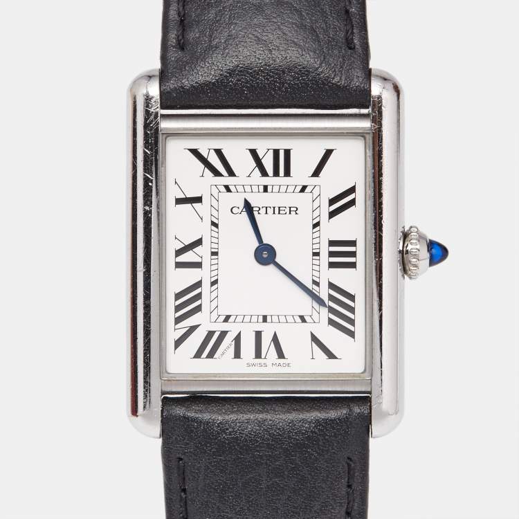 Pre Owned Cartier Silver Stainless Steel Calf Leather Tank Must WSTA0041 Women's Wristwatch 25.50 mm