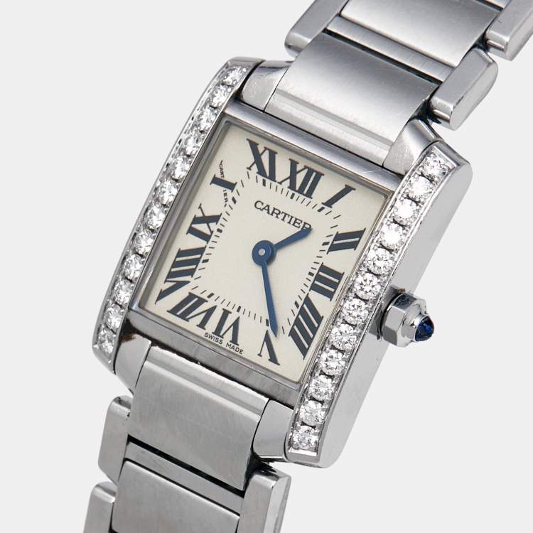 Pre Owned Cartier Silver Stainless Steel Diamond Tank Francaise 3217 Women's Wristwatch 20 mm