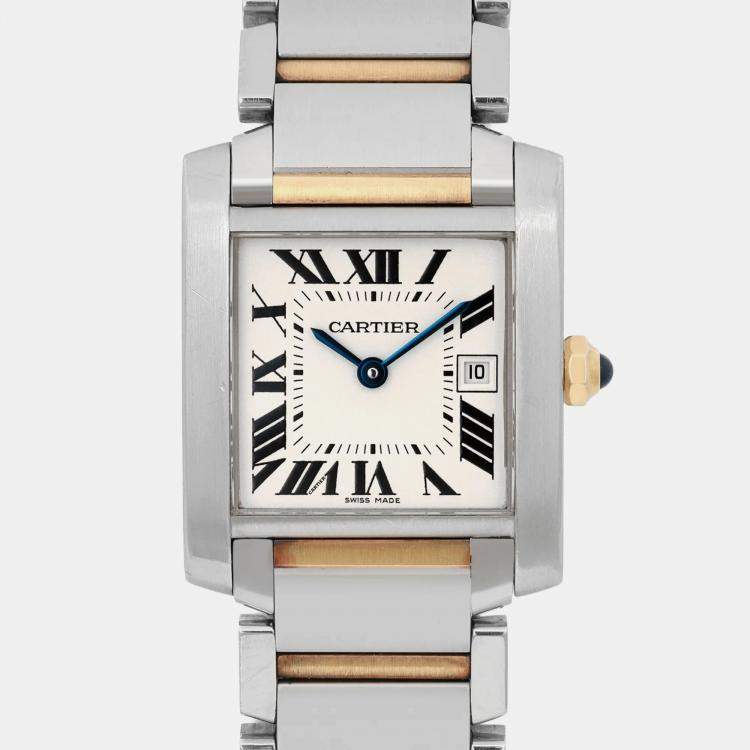 Pre Owned Cartier Cream 18k Yellow Gold Stainless Steel Tank Francaise W51012Q4 Quartz Women's Wristwatch 25 mm