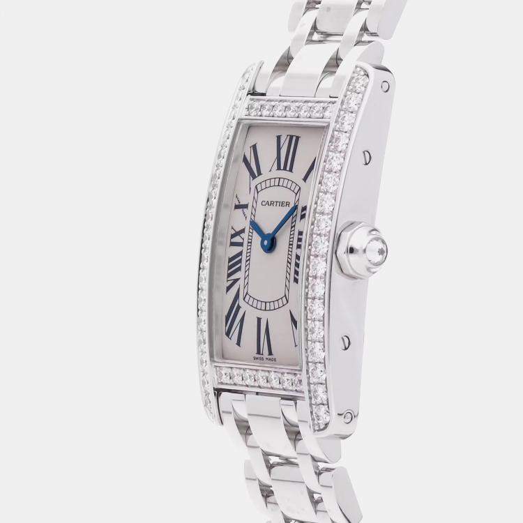 Pre Owned Cartier Tank Americaine WB7073L1 Quartz White Gold Silver Dial Women's Wristwatch 18mm