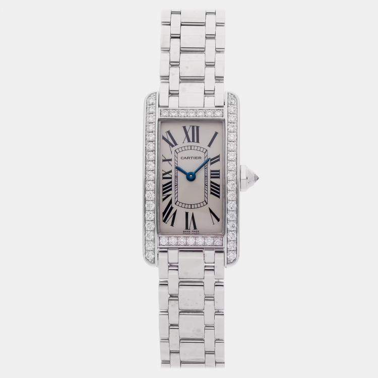 Pre Owned Cartier Tank Americaine WB7073L1 Quartz White Gold Silver Dial Women's Wristwatch 18mm