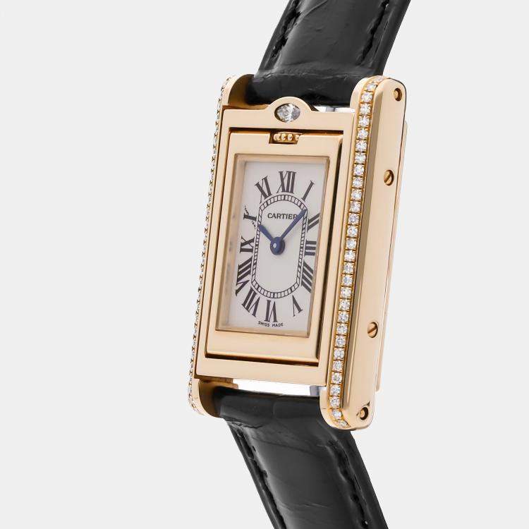 Pre Owned Cartier Tank Basculante WA202251 Manual Winding 18K Yellow Gold Silver Dial Women's Wristwatch 22mm