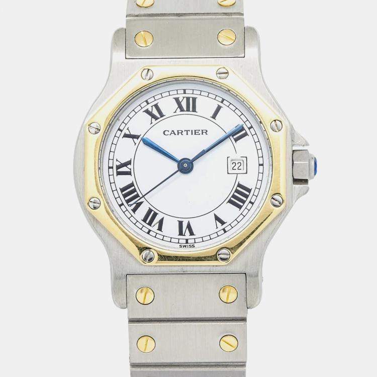 Pre Owned Cartier Santos Octagon Automatic White 18k Yellow Gold Stainless Steel Women's Wristwatch 29 mm