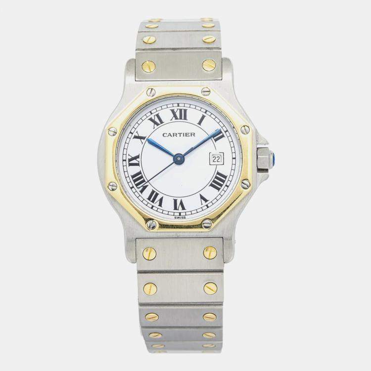 Pre Owned Cartier Santos Octagon Automatic White 18k Yellow Gold Stainless Steel Women's Wristwatch 29 mm