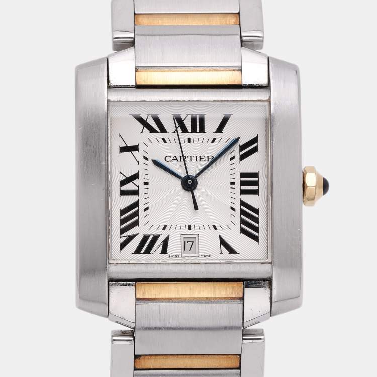 Pre Owned Cartier Silver 18k Yellow Gold Stainless Steel Tank Francaise W51005Q4 Women's Wristwatch 28mm
