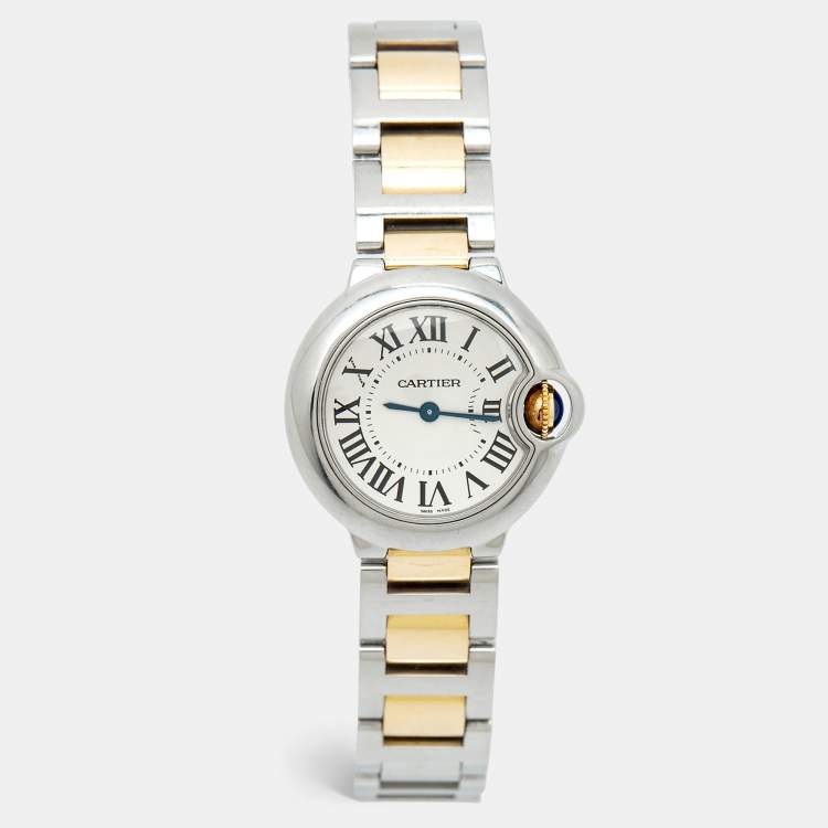 Pre Owned Cartier Silver Dial 18K Yellow Gold Stainless Steel Ballon Bleu W2BB0010 Women's Wristwatch 28 mm