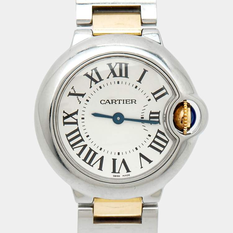 Pre Owned Cartier Silver Dial 18K Yellow Gold Stainless Steel Ballon Bleu W2BB0010 Women's Wristwatch 28 mm