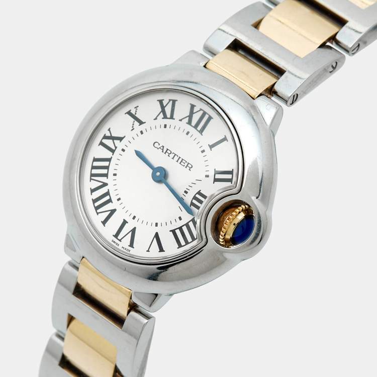 Pre Owned Cartier Silver Dial 18K Yellow Gold Stainless Steel Ballon Bleu W2BB0010 Women's Wristwatch 28 mm
