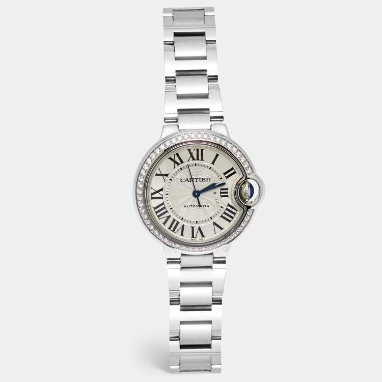 Pre Owned Cartier Ballon Bleu W4BB0016 Silver Dial Diamond Stainless Steel Women's Wristwatch 33 mm