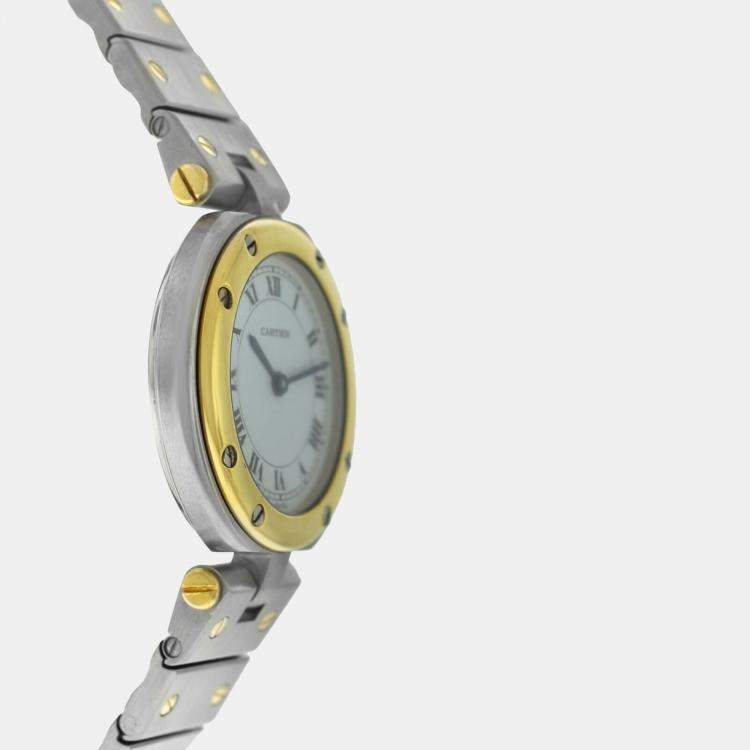 Pre Owned Cartier Santos Ronde 8191 Quartz White 18k Yellow Gold Stainless Steel Women's Wristwatch 27 mm