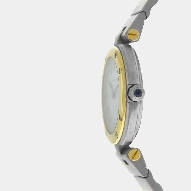 Pre Owned Cartier Santos Ronde 8191 Quartz White 18k Yellow Gold Stainless Steel Women's Wristwatch 27 mm