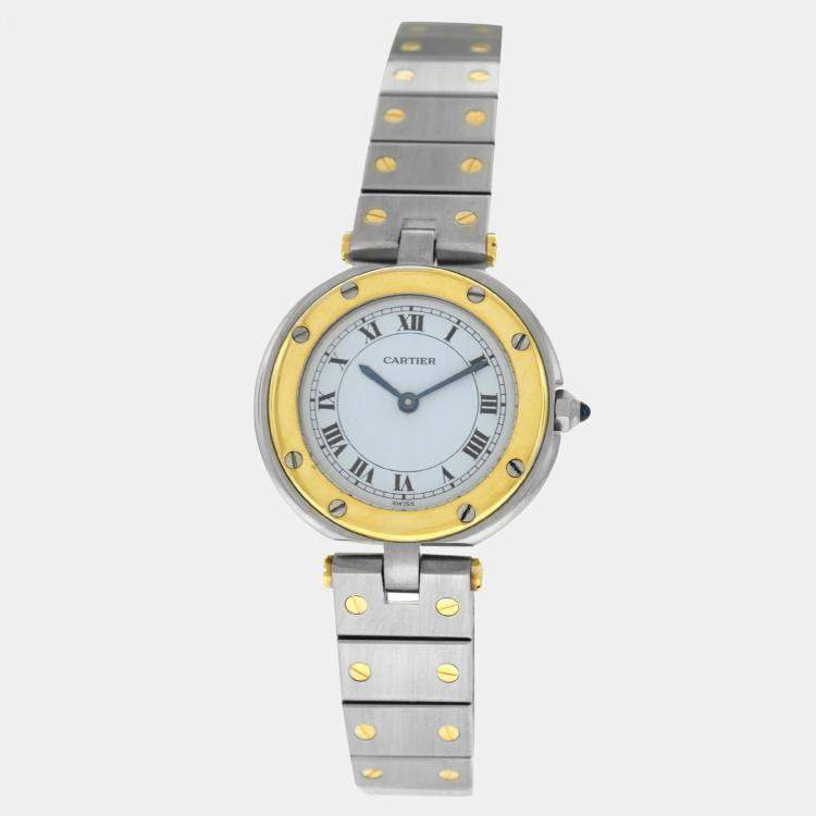 Pre Owned Cartier Santos Ronde 8191 Quartz White 18k Yellow Gold Stainless Steel Women's Wristwatch 27 mm