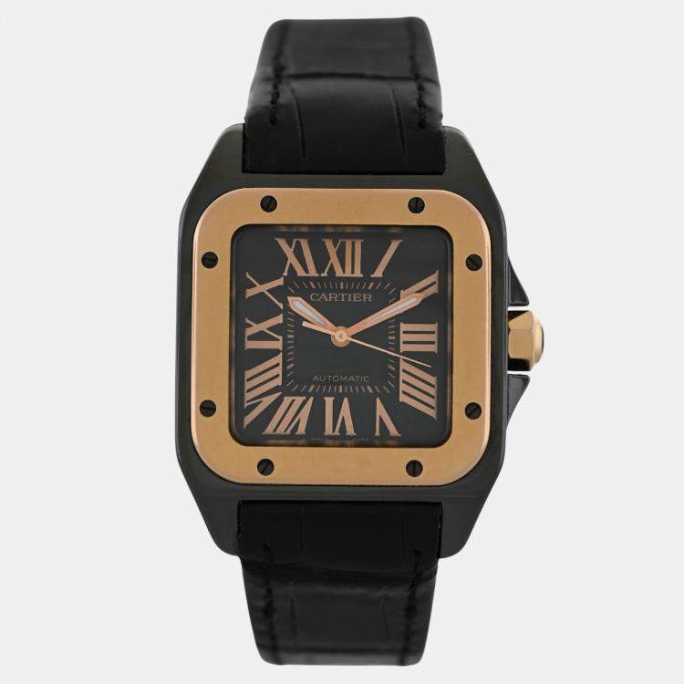 Pre Owned Cartier Santos 100 W2020007 Automatic Black 18 Rose Gold Women's Wristwatch 33mm