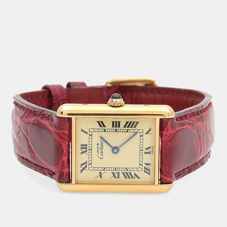 Pre Owned Cartier Tank Must W1002753 Quartz Gold Plated Silver Womens Wristwatch 23.5 mm
