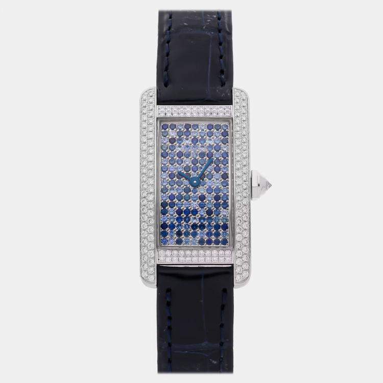 Pre Owned Cartier Tank Americaine WB706131 Quartz Blue Dial 18k White Gold Women's Wristwatch 19mm