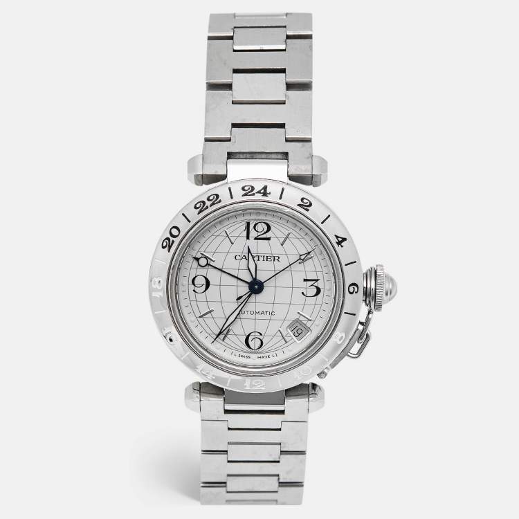 Pre Owned Cartier Pasha De Cartier GMT 2377 Silver Dial Stainless Steel Women's Wristwatch 35 mm