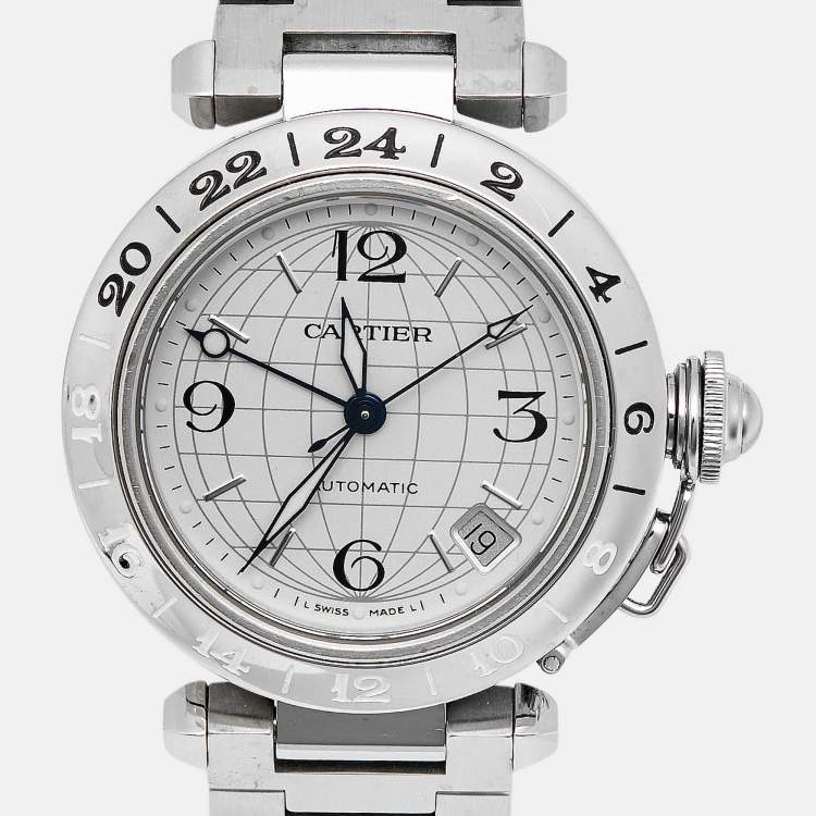 Pre Owned Cartier Pasha De Cartier GMT 2377 Silver Dial Stainless Steel Women's Wristwatch 35 mm